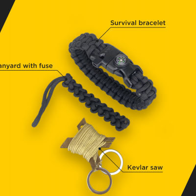 Pulseira de sobrevivência, cordão com fusível e serra Kevlar sobre fundo amarelo e preto