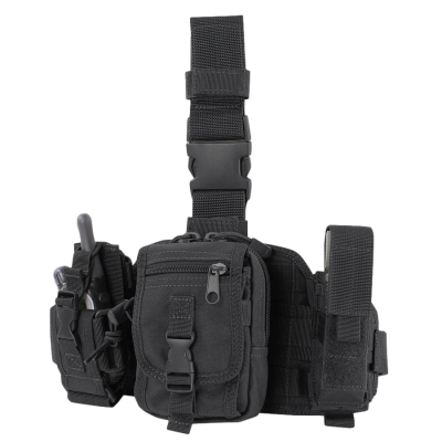 Bolsa tática preta com vários compartimentos e suportes para equipamentos