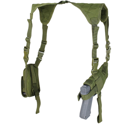 Peitoral táctico verde oliva com pistola cinzenta e alças ajustáveis