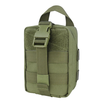 Bolsa tática compacta verde-oliva com alça, fecho de fivela e sistema MOLLE
