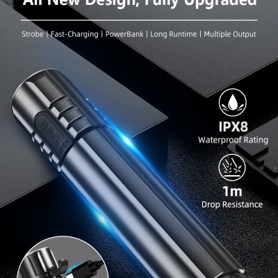 Lanterna preta EC20 EDC com texto de especificações e ícones de resistência à água e quedas