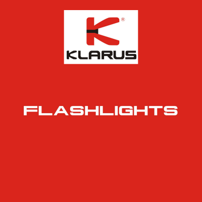 Logótipo KLARUS com texto FLASHLIGHTS em fundo vermelho