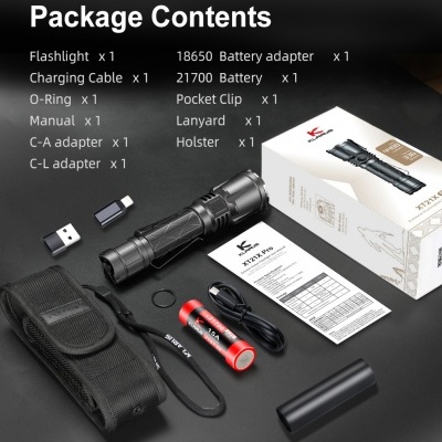 Conjunto de lanterna preta com acessórios e embalagem