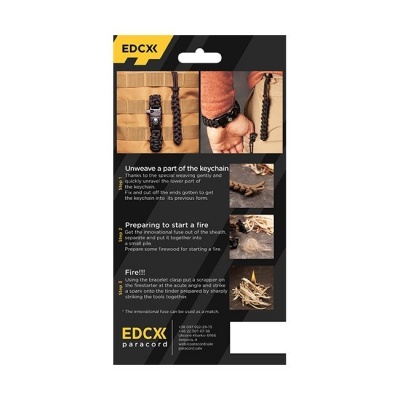 Embalagem do chaveiro EDCXX paracord com instruções para acender fogo