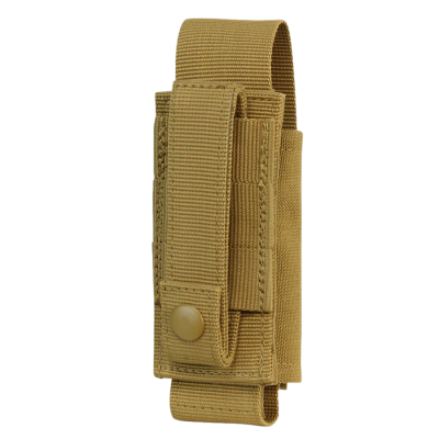 Estojo bege em tecido têxtil com fecho de botão e aba com velcro