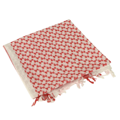 Lenço keffiyeh vermelho e branco dobrado com padrão geométrico e franjas