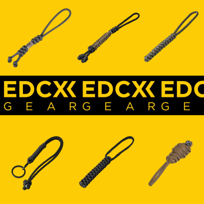 Cordões táticos EDC de paracord em várias cores e nó, texto EDCX GEAR ao centro