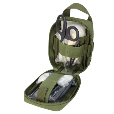 Estojo de primeiros socorros aberto com suprimentos dentro