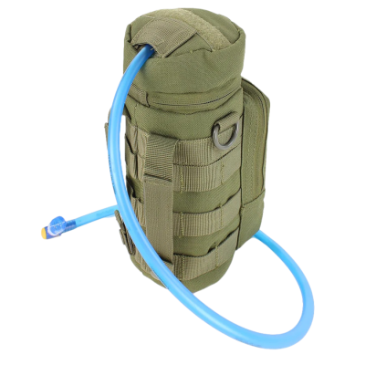 Bolsa de hidratação tática verde com tubo azul para beber