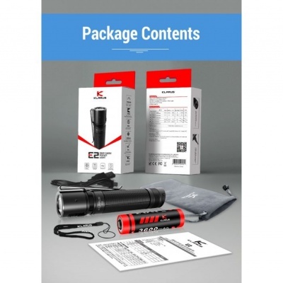 Lanterna preta, bateria, cordão, saco transporte, instruções e duas embalagens com texto Package Contents