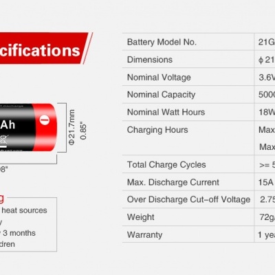 Bateria cilíndrica 5000mAh com especificações técnicas e aviso de segurança