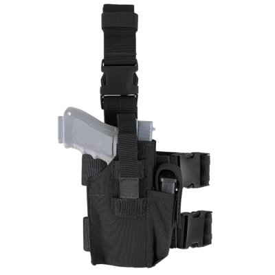 Coldres táticos pretos para perna com arma prateada simulada
