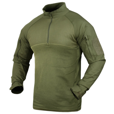 Camisola táctico verde oliva com fecho de correr frontal e bolsos nas mangas