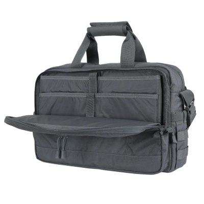 Mala de transporte cinza escuro com vários compartimentos abertos