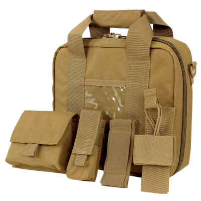 Mala táctica castanha com várias bolsas em tecido resistente e fechos de velcro