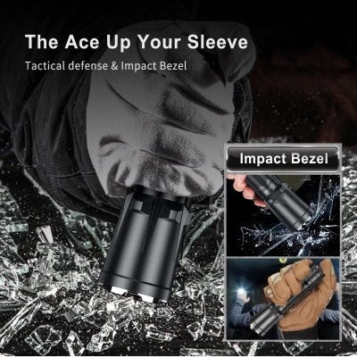 Lanterna tática preta com Impact Bezel e texto promocional