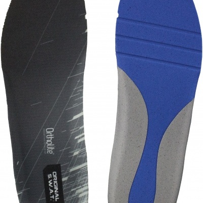 Palmilhas ortopédicas pretas, cinzentas e azuis com texto Ortholite e ORIGINAL SKWAT