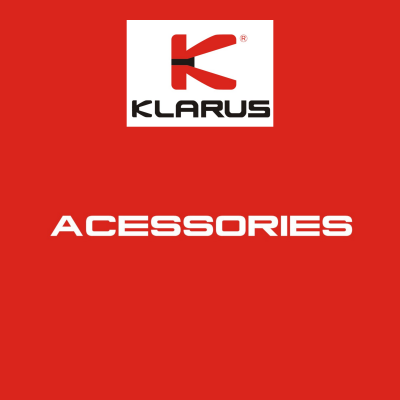 Logótipo KLARUS com texto ACESSORIES em fundo vermelho