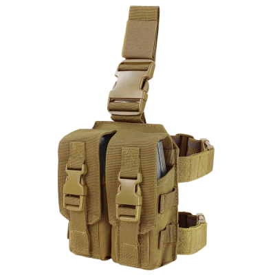 Bolsa tática cáqui para perna com várias bolsas e fivelas