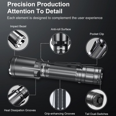 Lanterna tática preta com detalhes técnicos destacados em texto e imagens