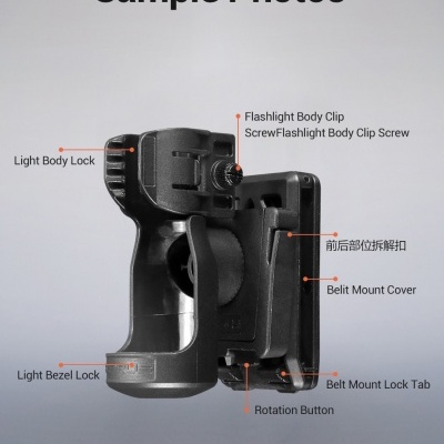 Suporte preto para lanterna com componentes rotulados em várias línguas