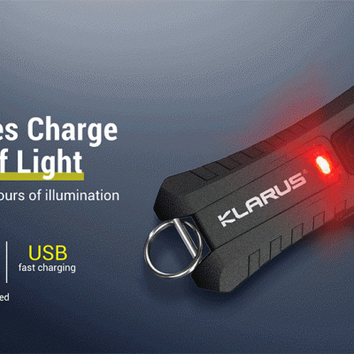 Lanterna chaveiro preta KLARUS Mi2 com luz LED vermelha e carregamento USB