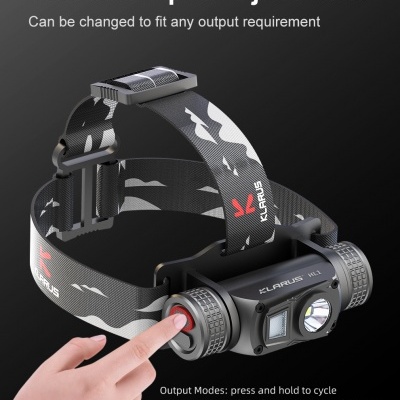 Lanterna de cabeça com faixa preta e branca com padrão camuflado e botão vermelho