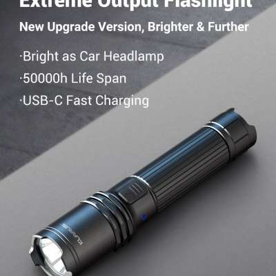 Lanterna preta A1 Pro com texto promocional em fundo cinza.