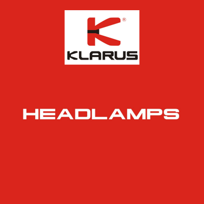 Logótipo KLARUS e palavra HEADLAMPS em fundo vermelho