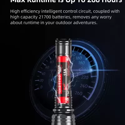 Lanterna preta com detalhes vermelhos e texto em inglês sobre duração e bateria, fundo preto com velocímetro azul