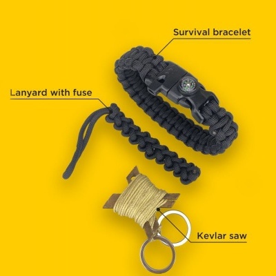 Pulseira de sobrevivência preta, cordão preto com fusível, serra Kevlar num suporte com anel