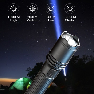 Lanterna preta com luz azul e modos de iluminação descritos