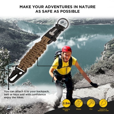 Acessório trançado para caminhadas com presilhas metálicas, homem a escalar e paisagem de lago e montanhas ao fundo