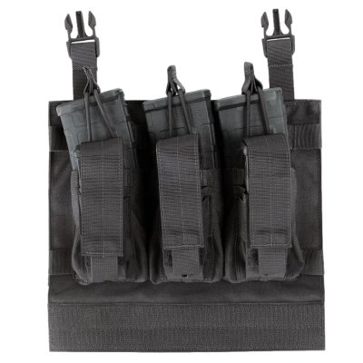 Suporte porta-carregadores tático em nylon preto com três bolsas e três carregadores
