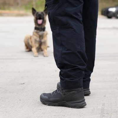 Pernas de pessoa com calças e botas pretas, cão pastor belga e carro polícia ao fundo