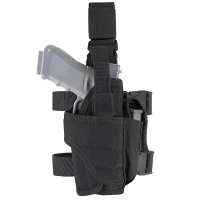 Coldre de perna preto com pistola cinza e carregador preto