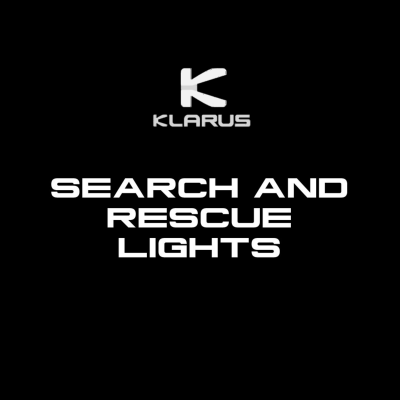 Texto KLARUS e SEARCH AND RESCUE LIGHTS em fundo preto