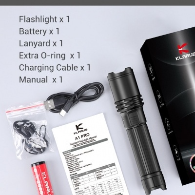 Lanterna preta KLARUS com bateria, cabo USB, manual, cordão, anel O extra e embalagem preta.