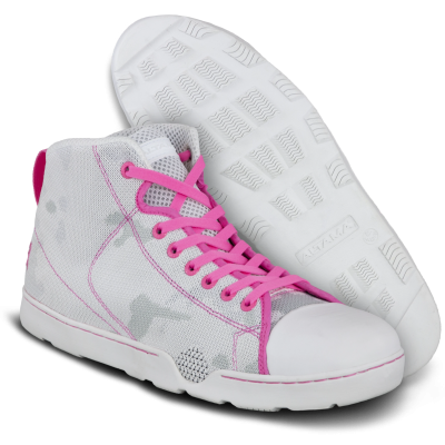 Ténis altos cinza e rosa com atacadores rosa e sola branca