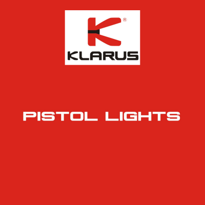 Logótipo Klarus e texto PISTOL LIGHTS sobre fundo vermelho