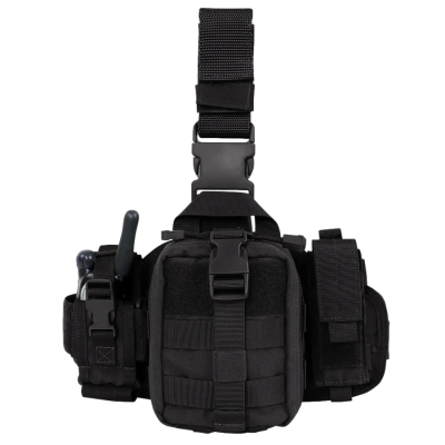 Bolsa tática preta com alça e compartimentos para rádio comunicador