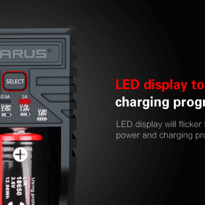 Carregador Klarus K1 Smart Charger com display LED vermelho e bateria carregada