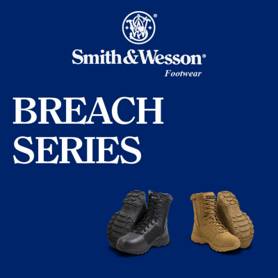 Promoção de botas Smith & Wesson BREACH SERIES em preto e castanho sobre fundo azul