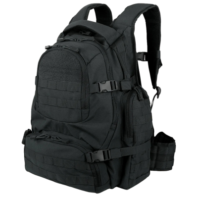 Mochila táctica preta com múltiplos compartimentos e fechos