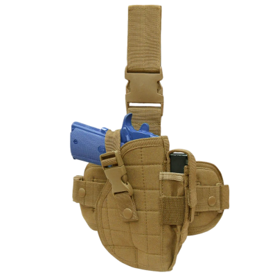 Coldre táctico castanho com arma azul e fivela grande bege