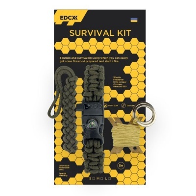Kit de sobrevivência com pulseira, cordas e bússola em embalagem preta com padrão amarelo