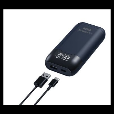 Banco de energia portátil azul escuro com ecrã LED e cabo USB