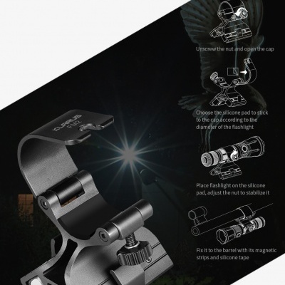 Suporte rápido para arma de metal preto com instruções para fixar lanterna