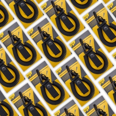 Pulseiras de segurança elásticas pretas com mosquetão em embalagem amarela e branca