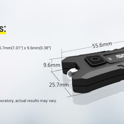Lanterna LED Mi2 preta e prateada com especificações técnicas ao lado